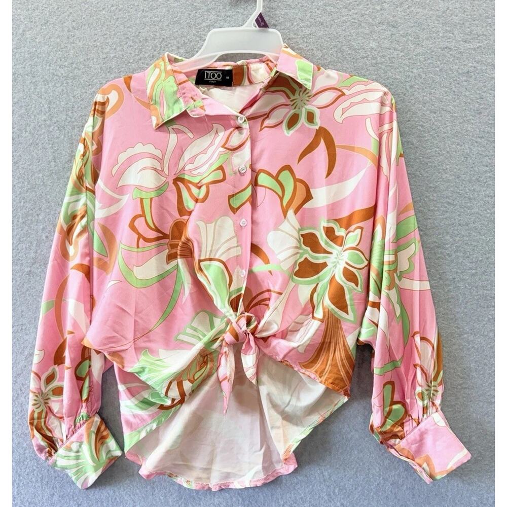 Floral Satin Button Down Long Sleeve Blouse Preppy Boho Pink Small Italy Artsy